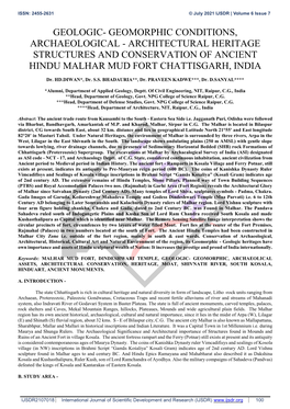 Geomorphic Conditions, Archaeological - Architectural Heritage Structures and Conservation of Ancient Hindu Malhar Mud Fort Chattisgarh, India