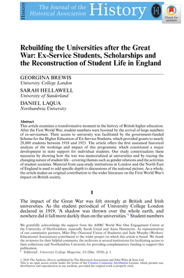 Rebuilding the Universities After the Great War: Ex‐Service Students