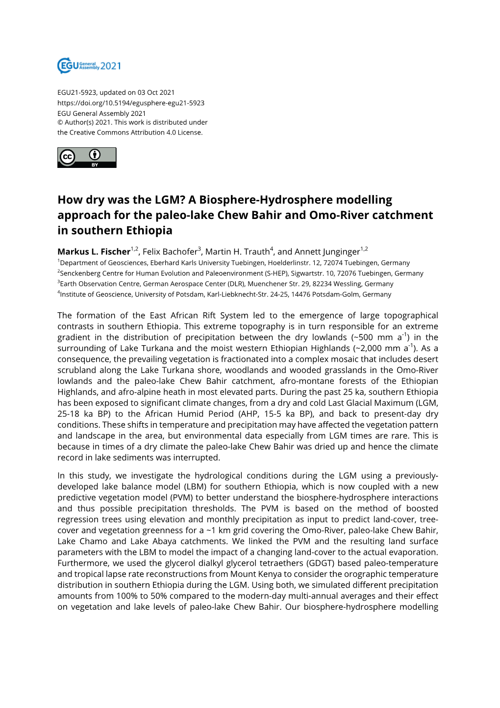 A Biosphere-Hydrosphere Modelling Approach for the Paleo-Lake Chew Bahir and Omo-River Catchment in Southern Ethiopia