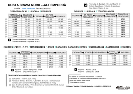 COSTA BRAVA NORD – ALT EMPORDÀ Estació D’Autobusos / Estación De Autobuses SARFA Tel: 902 302 025 Bus Station / Station De Bus TORROELLA DE M