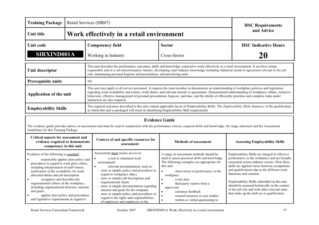 Retail Service Curriculum Framework - SIRXIND001A - Work Effectively in a Retail Environment