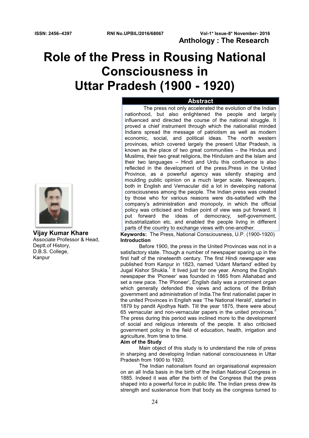 Vijay Kumar Khare Keywords: the Press, National Consciousness, U.P