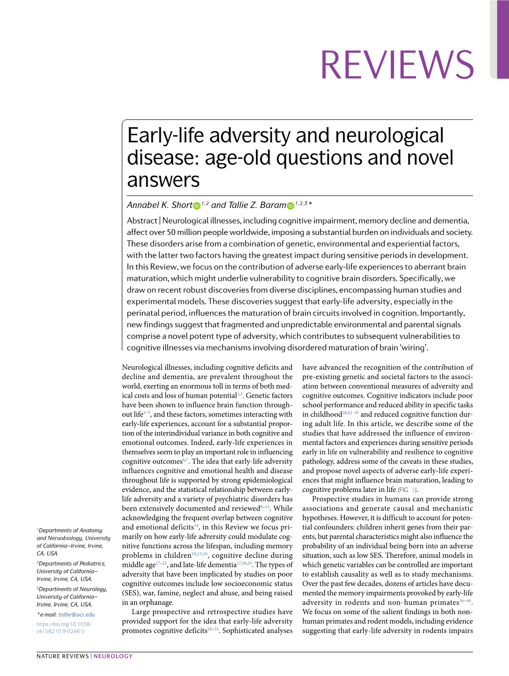 Early- Life Adversity and Neurological Disease