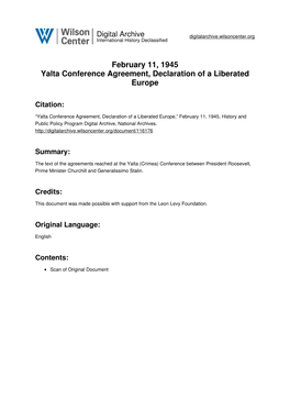 February 11, 1945 Yalta Conference Agreement, Declaration of a Liberated Europe