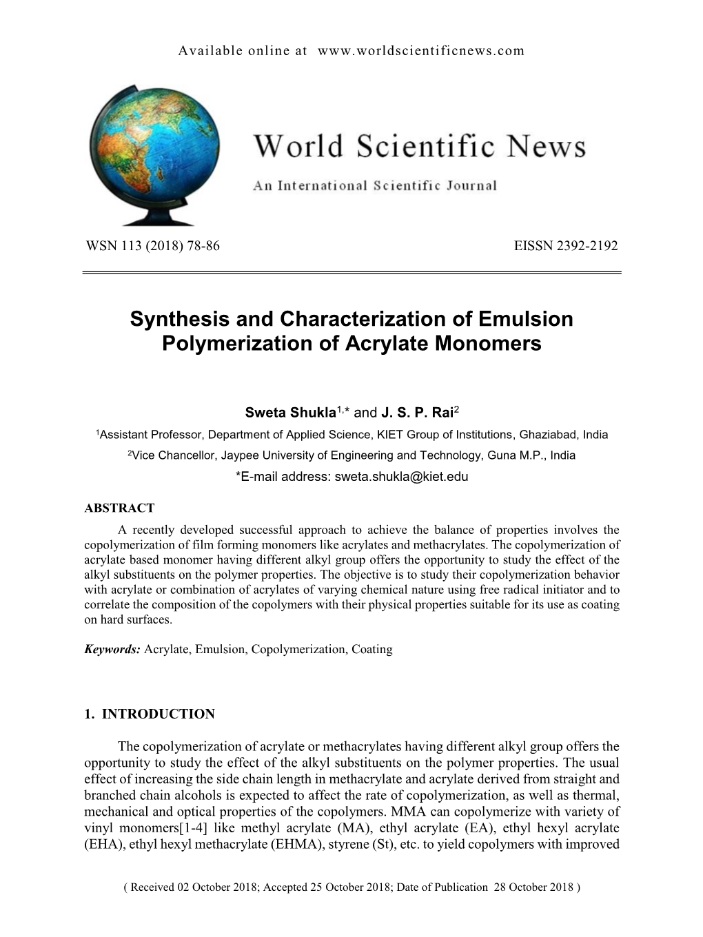 Synthesis and Characterization of Emulsion Polymerization of Acrylate Monomers