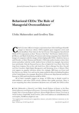 Behavioral Ceos: the Role of Managerial Overconfidence†