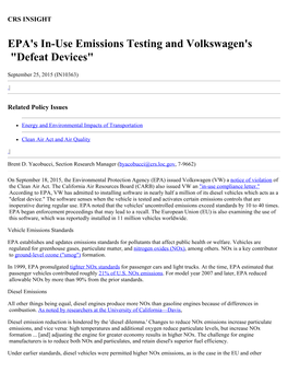 EPA's In-Use Emissions Testing and Volkswagen's "Defeat Devices"