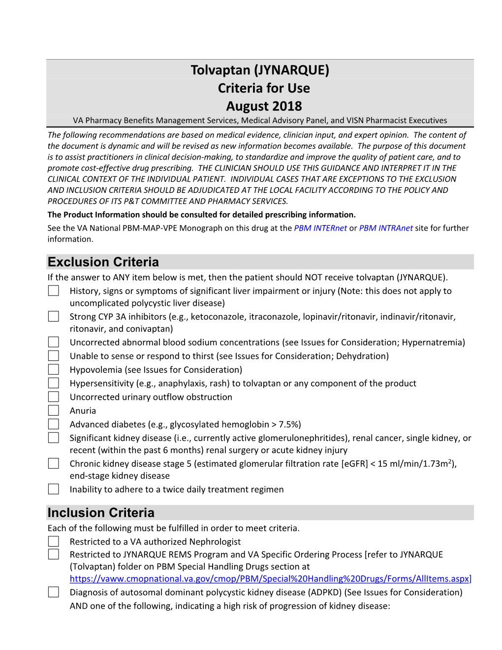 Tolvaptan (JYNARQUE) Criteria for Use August 2018