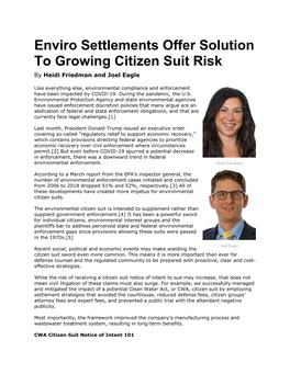 Enviro Settlements Offer Solution to Growing Citizen Suit Risk by Heidi Friedman and Joel Eagle