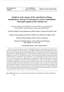Insight in Some Aspects of the Reproductive Biology, Morphometry and Age of Chtenopteryx Sicula (Cephalopoda: Chtenopterygidae) in the Adriatic Sea
