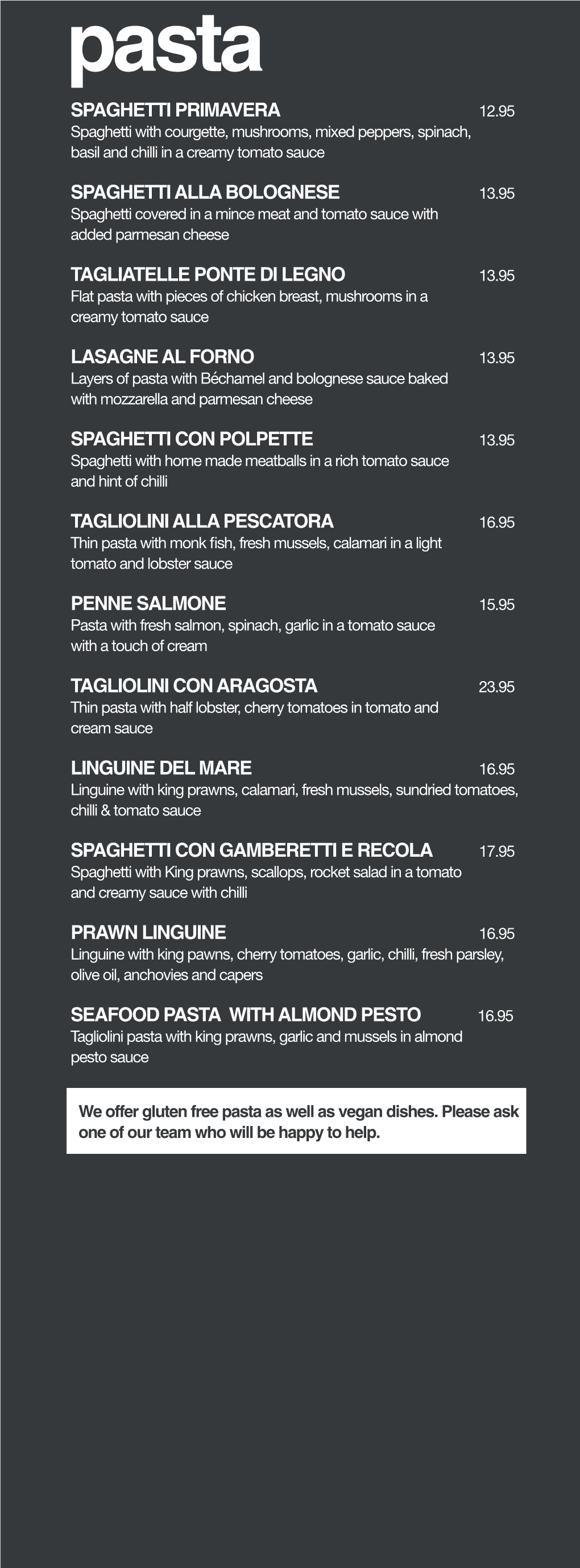 Pasta & Pizza Menu