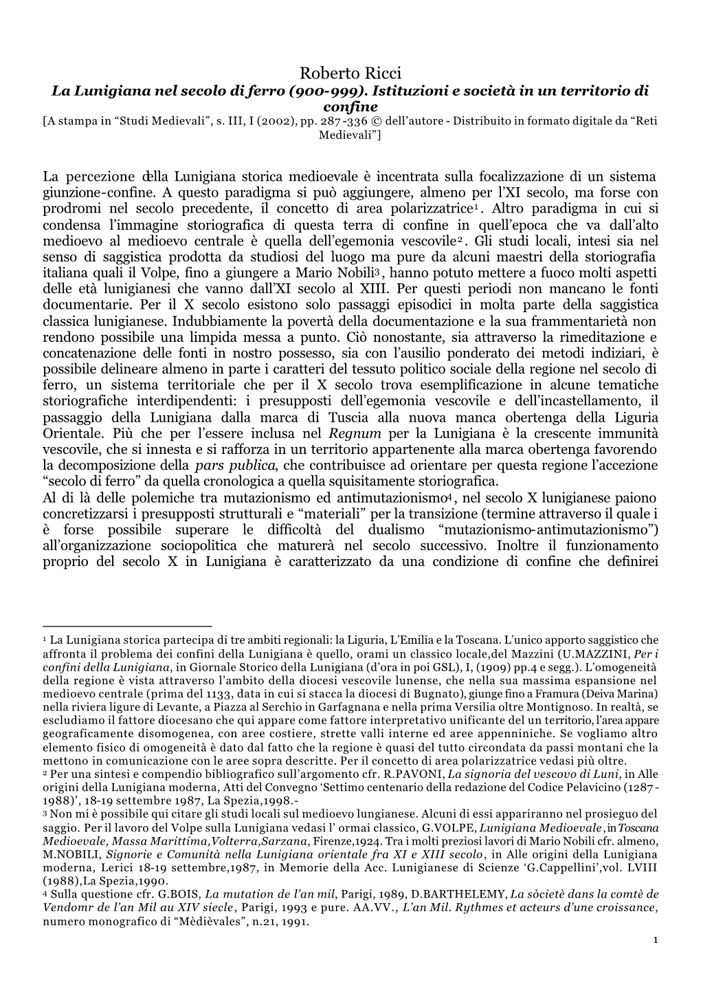 Roberto Ricci La Lunigiana Nel Secolo Di Ferro (900-999)