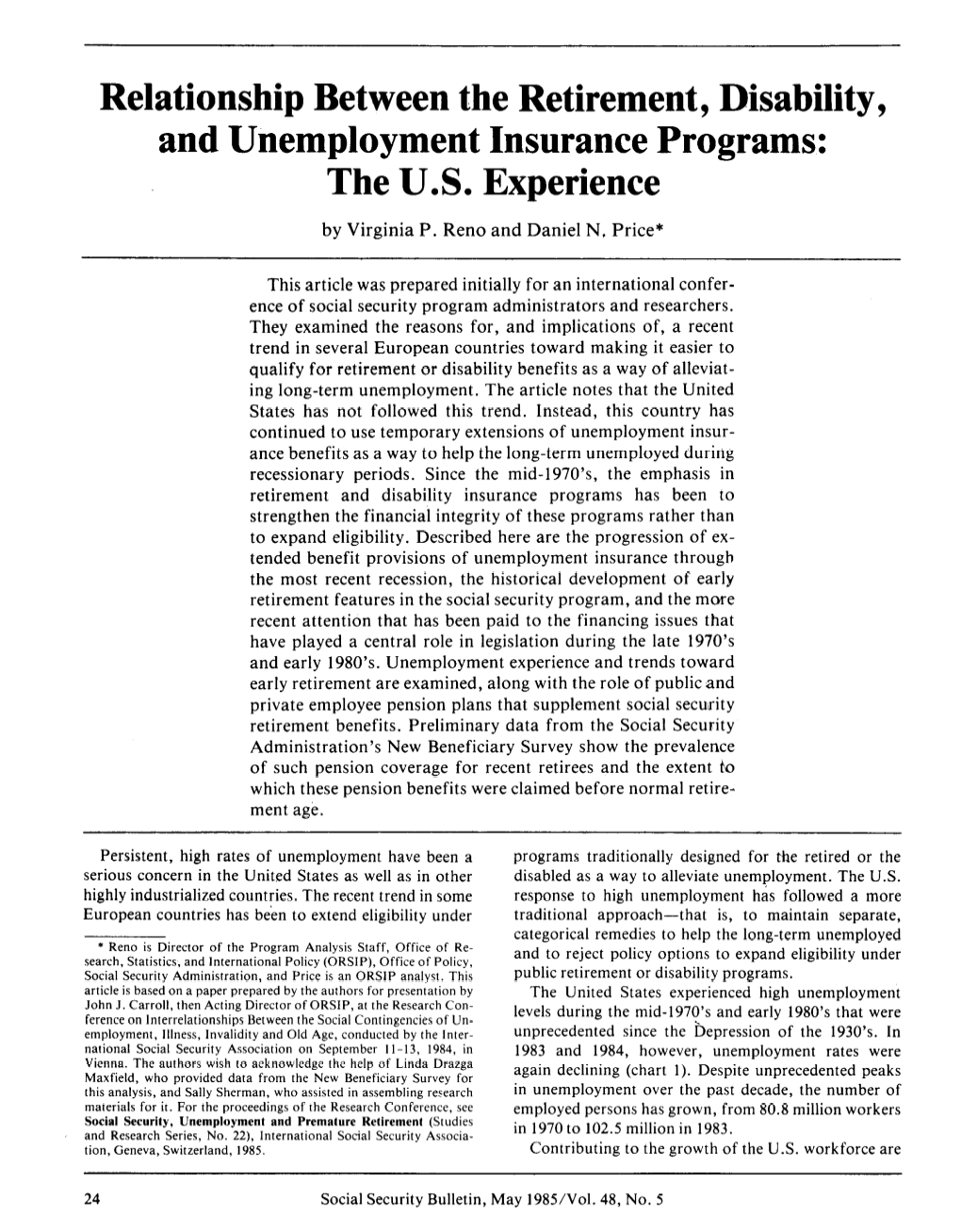 Relationship Between the Retirement, Disability, and Unemployment Insurance Programs: the U.S. Experience