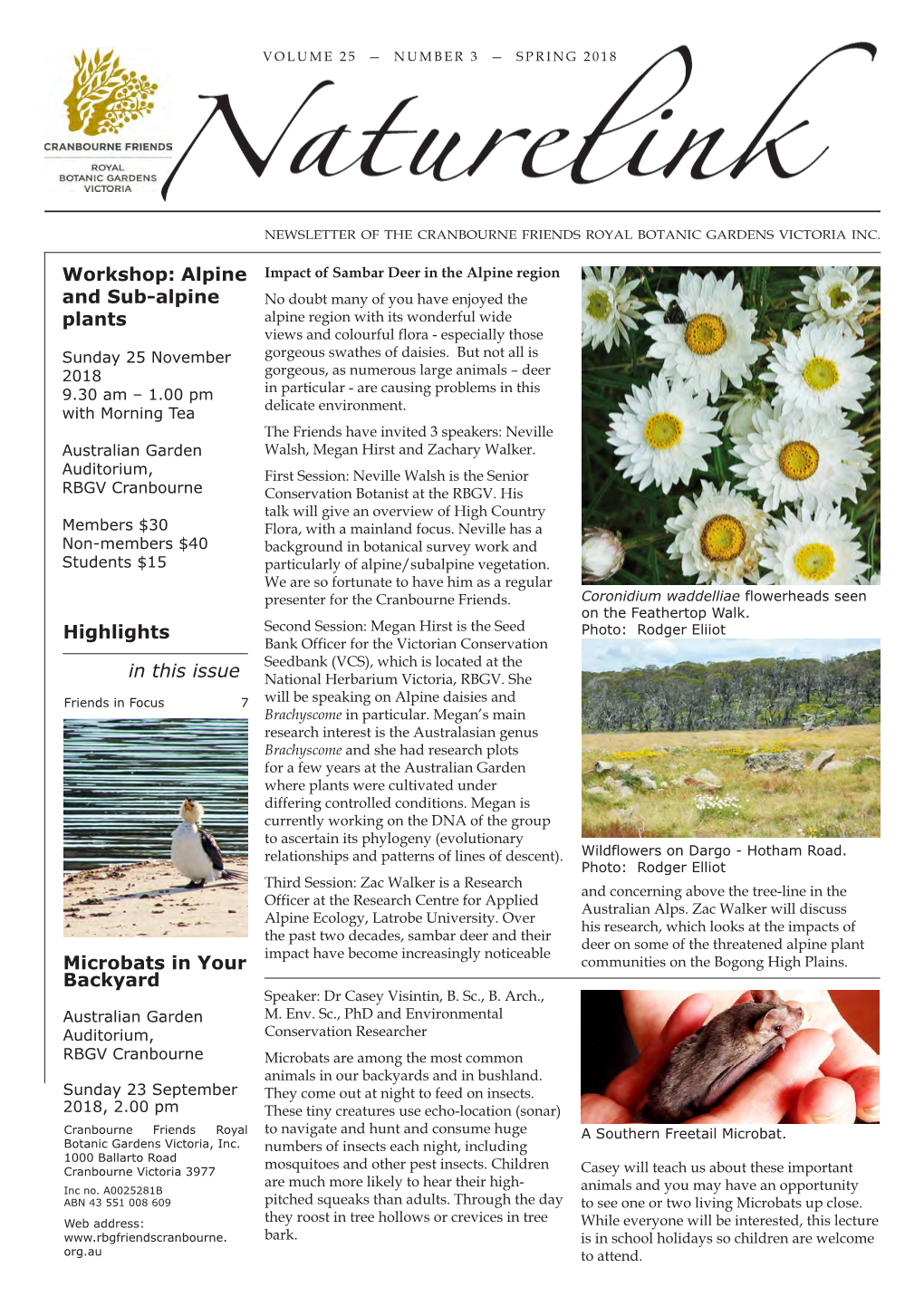 Alpine and Sub-Alpine Plants Highlights in This Issue Microbats In