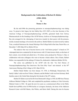Background to the Celebration of Herbert D. Kleber (1904 -2018) by Thomas A
