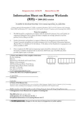 Information Sheet on Ramsar Wetlands (RIS) – 2009-2012 Version