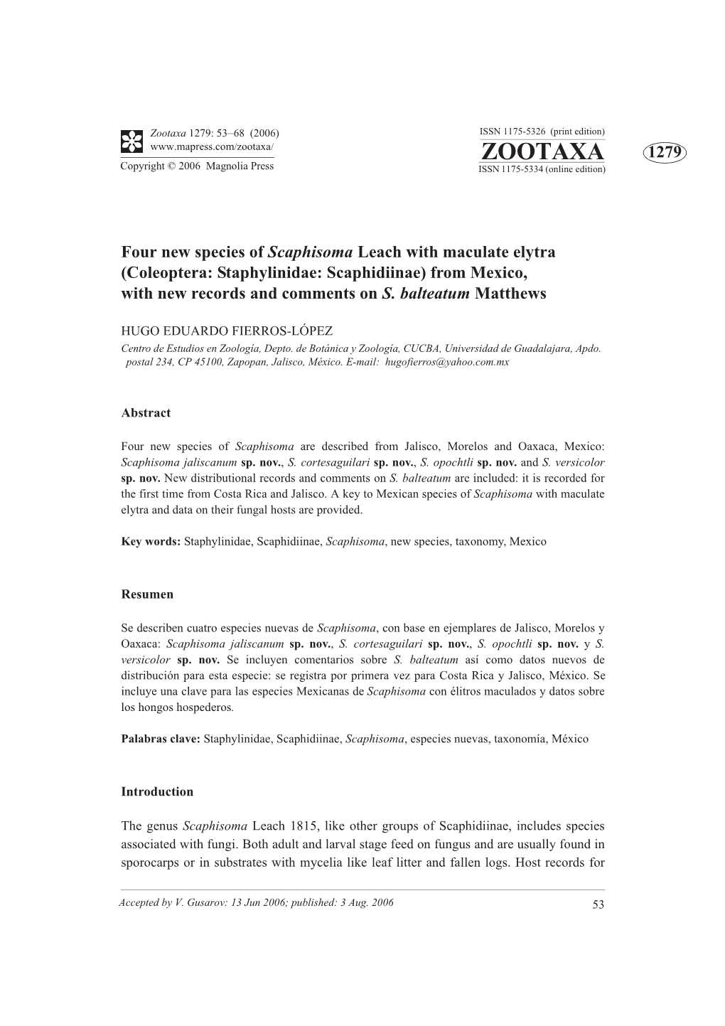 Zootaxa 1279: 53–68 (2006) ISSN 1175-5326 (Print Edition) ZOOTAXA 1279 Copyright © 2006 Magnolia Press ISSN 1175-5334 (Online Edition)