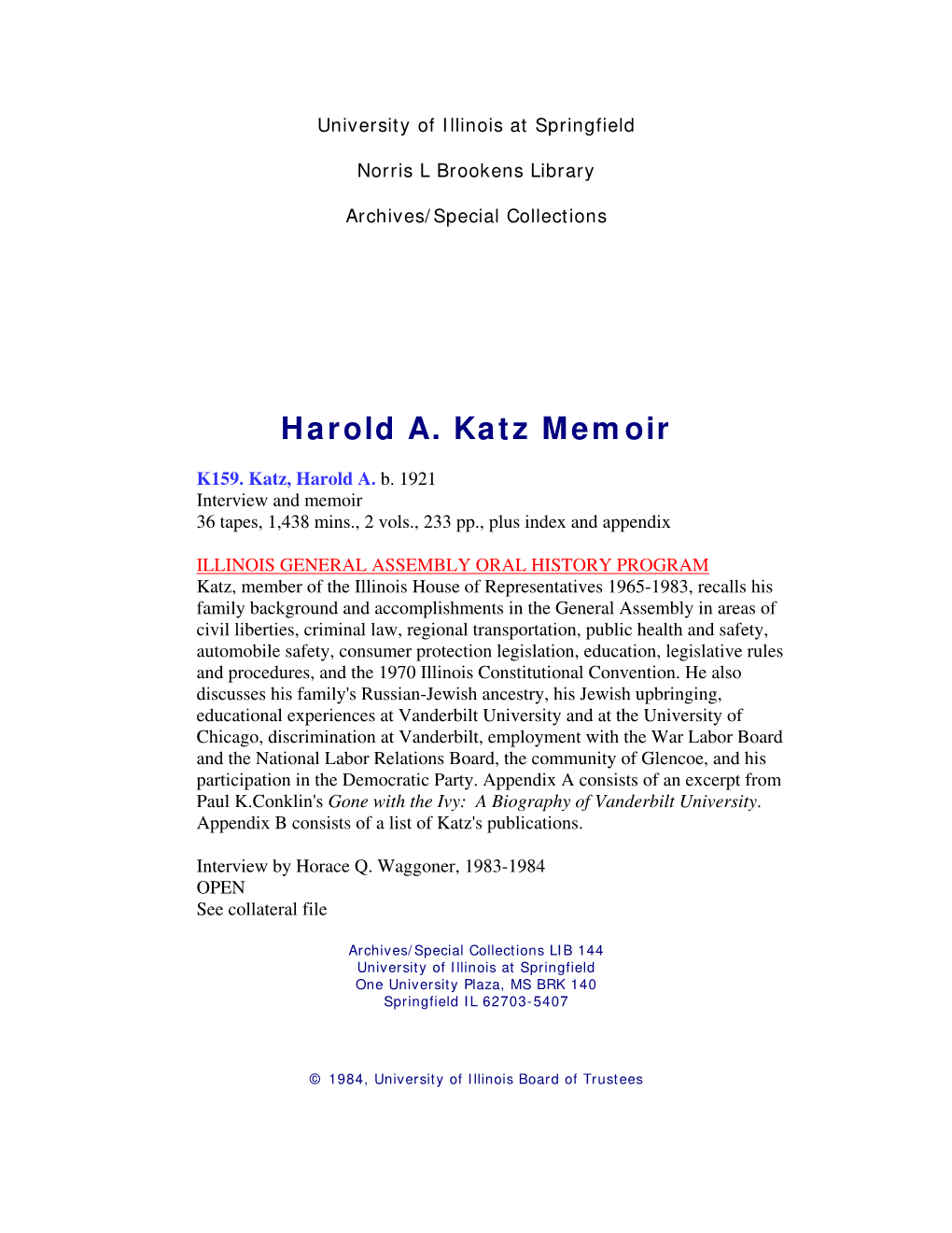 Harold A. Katz Memoir