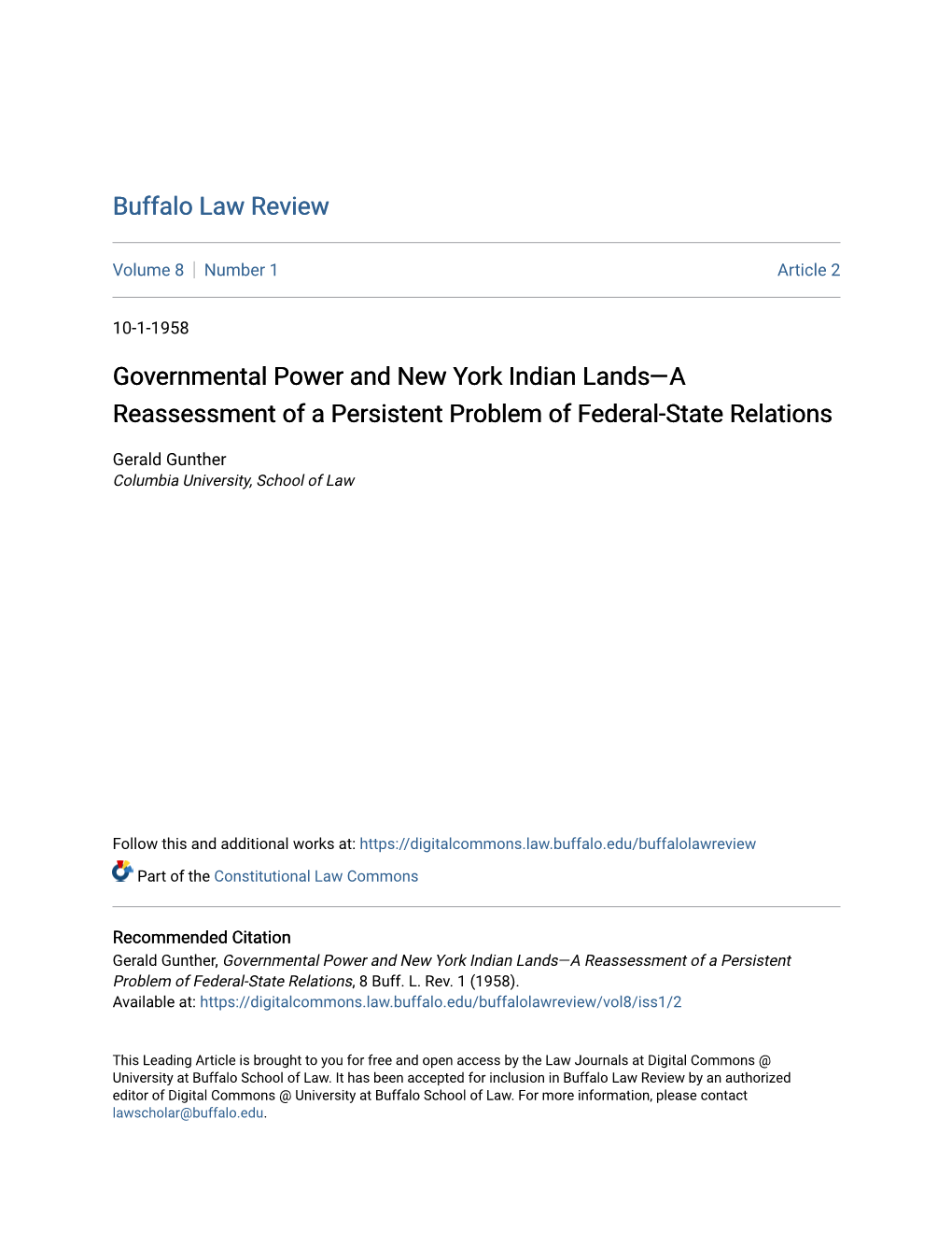 Governmental Power and New York Indian Landsâ•Fla Reassessment Of