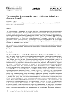 The Position of the Hymenosomatidae Macleay, 1838, Within the Brachyura (Crustacea, Decapoda)