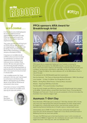 39/21 PPCA Sponsors ARIA Award for Breakthrough Artist