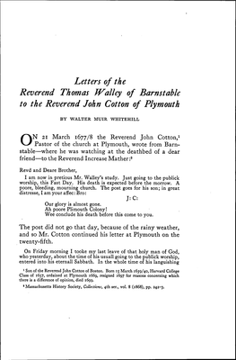 Letters of the Reverend Thomas TV Alley of Barnstable to the Reverend John Cotton of Plymouth