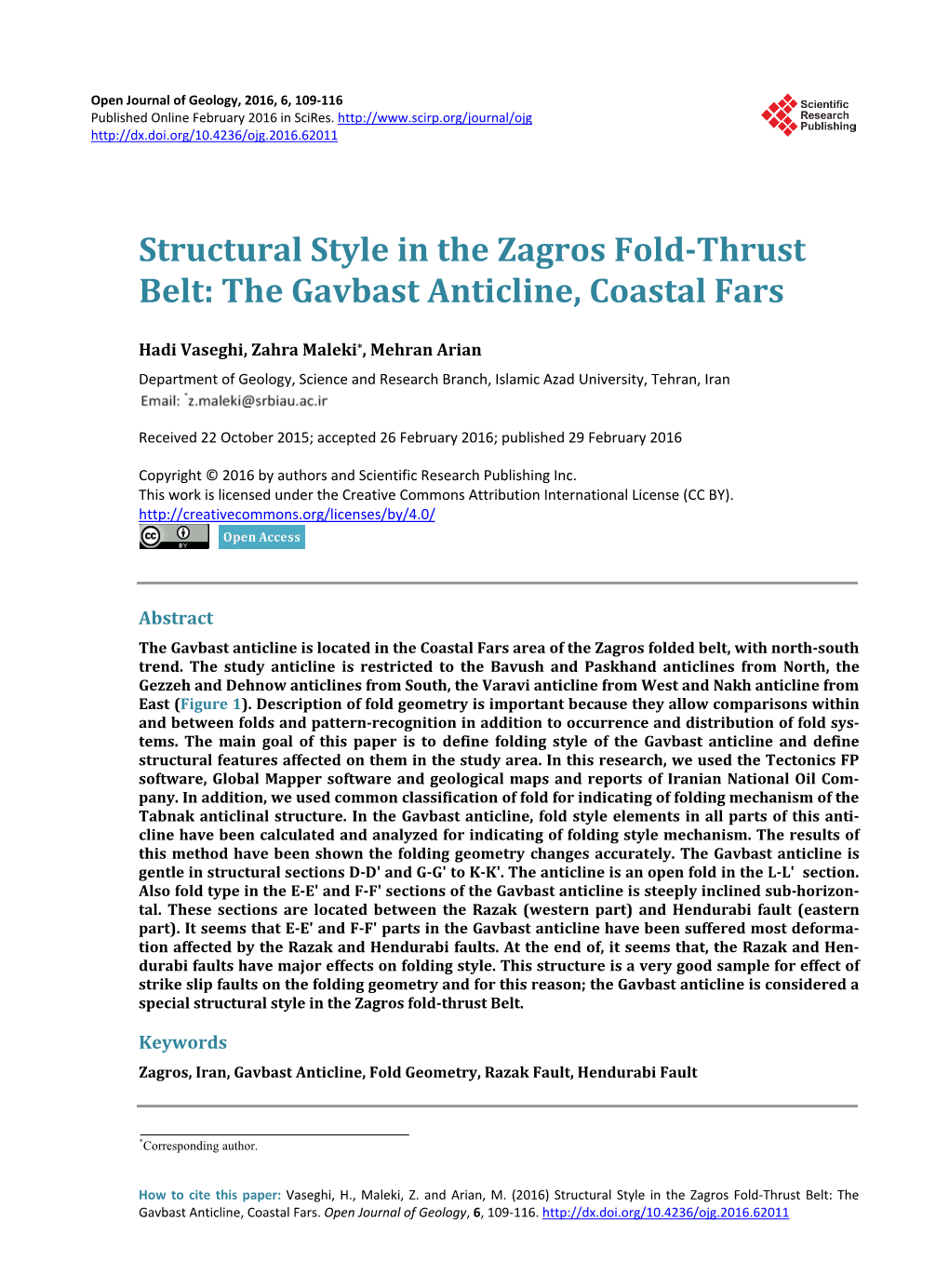 Structural Style in the Zagros Fold-Thrust Belt: the Gavbast Anticline, Coastal Fars