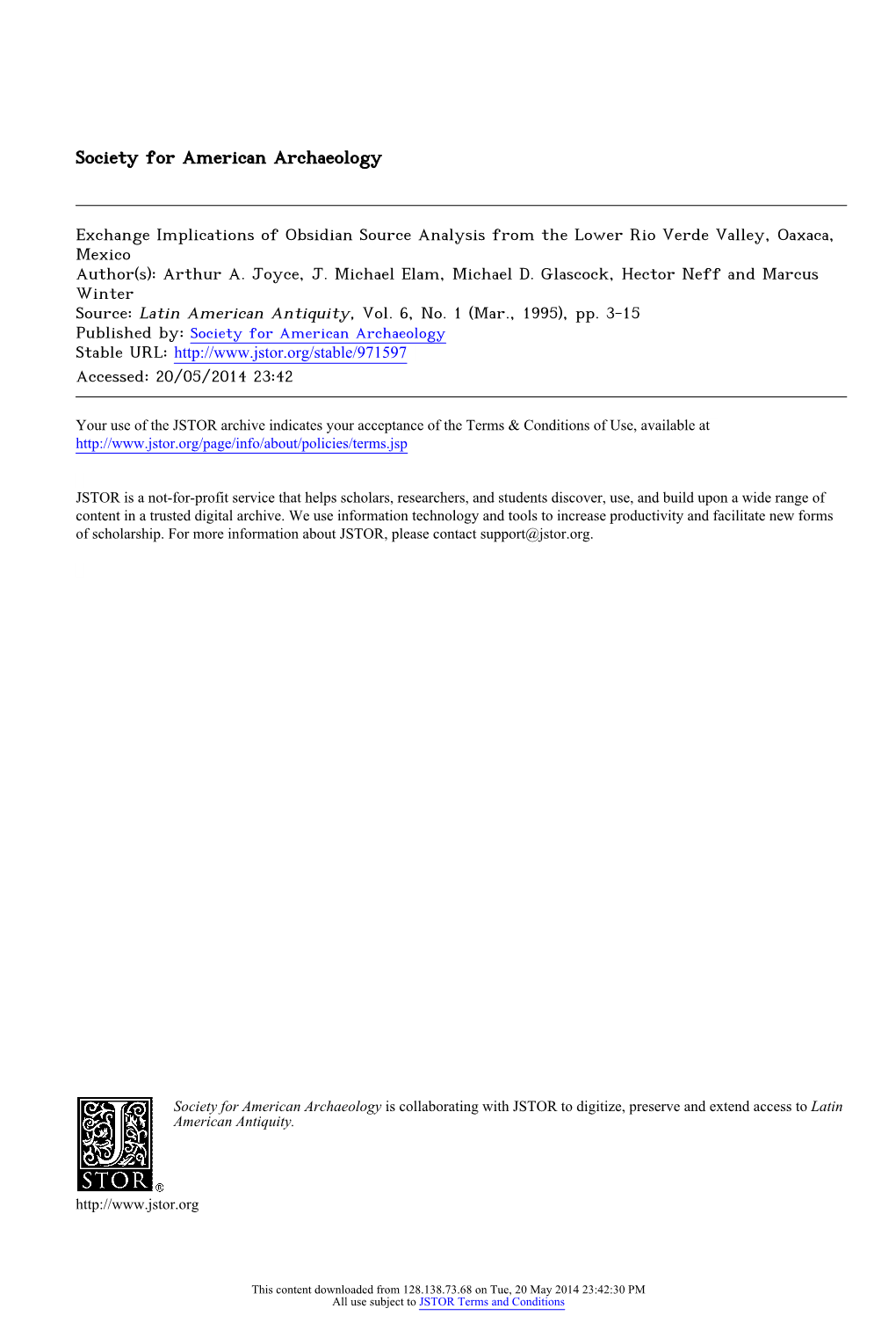 Exchange Implications of Obsidian Source Analysis from the Lower Rio Verde Valley, Oaxaca, Mexico Author(S): Arthur A