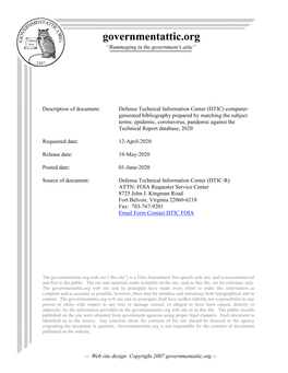 DTIC) Computer- Generated Bibliography Prepared by Matching the Subject Terms: Epidemic, Coronavirus, Pandemic Against the Technical Report Database, 2020