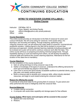 INTRO to VOICEOVER COURSE SYLLABUS – Online Course