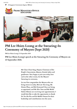 PM Lee Hsien Loong at the Swearing-In Ceremony of Mayors (Sept 2020)