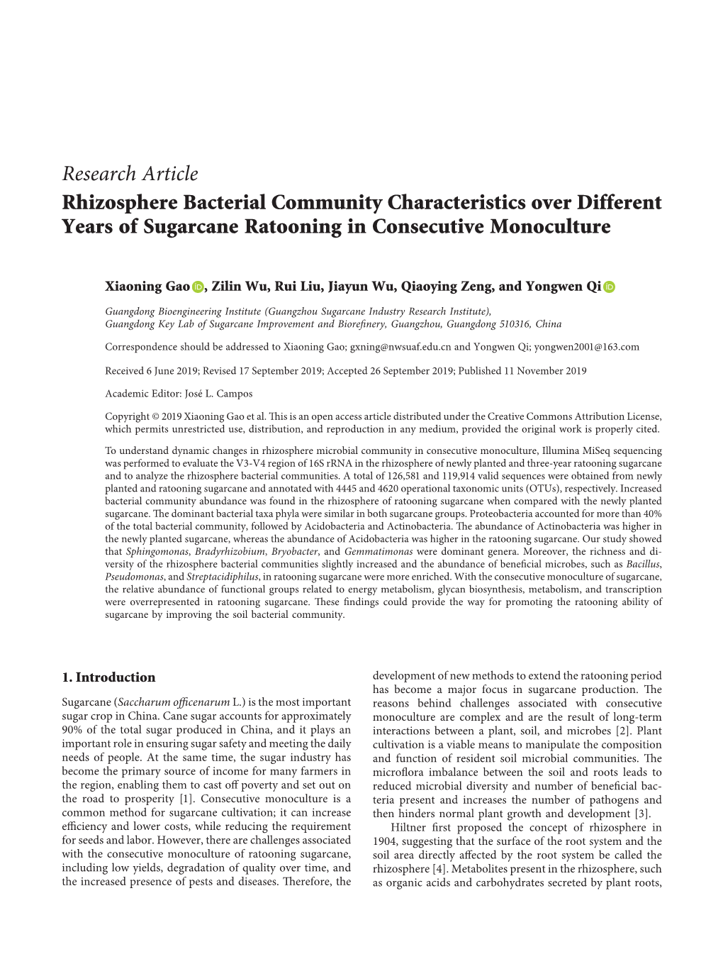 Rhizosphere Bacterial Community Characteristics Over Different Years of Sugarcane Ratooning in Consecutive Monoculture