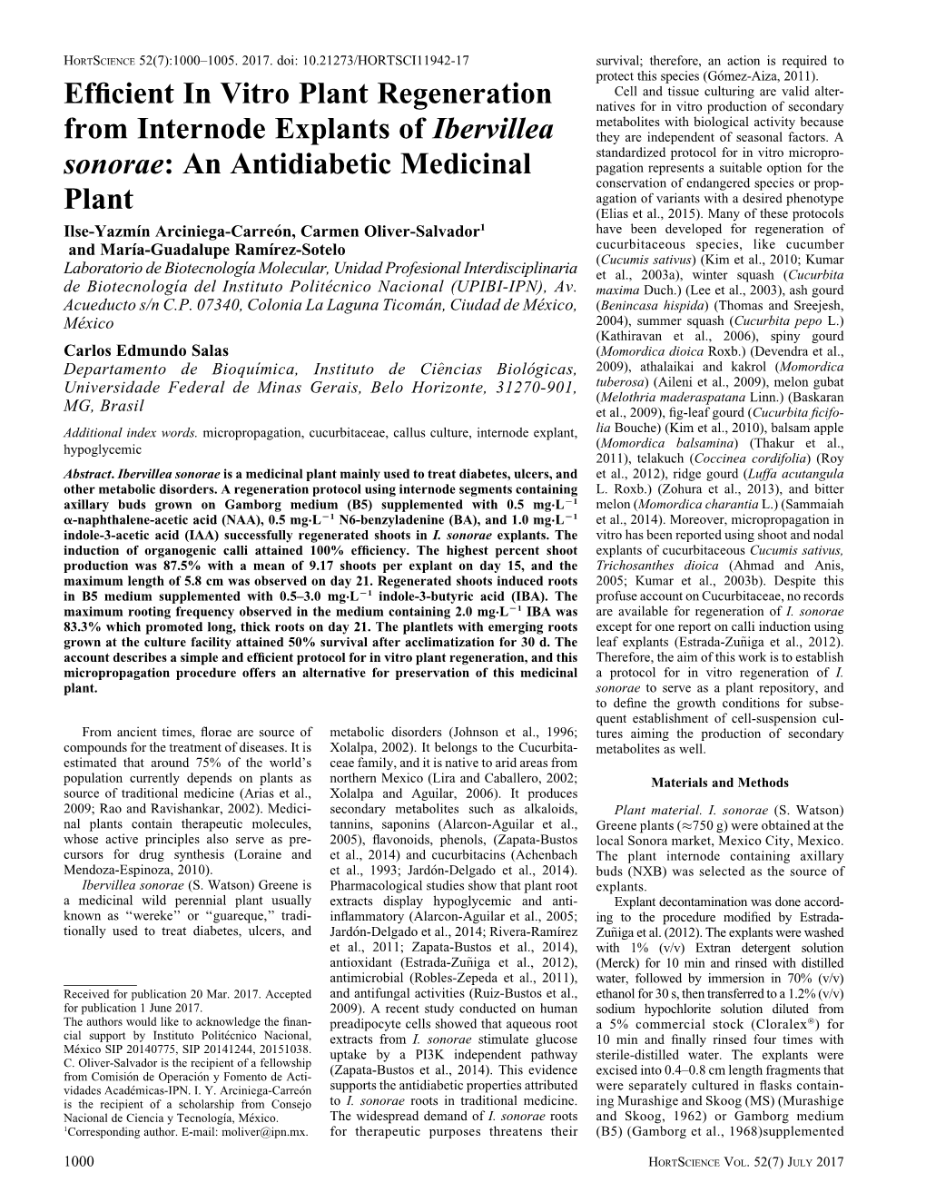 Efficient in Vitro Plant Regeneration from Internode Explants of Ibervillea