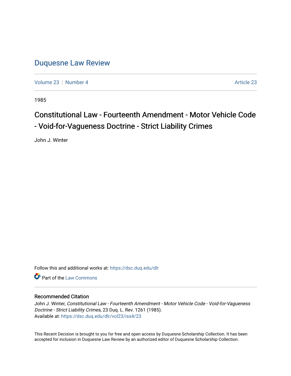 Motor Vehicle Code - Void-For-Vagueness Doctrine - Strict Liability Crimes