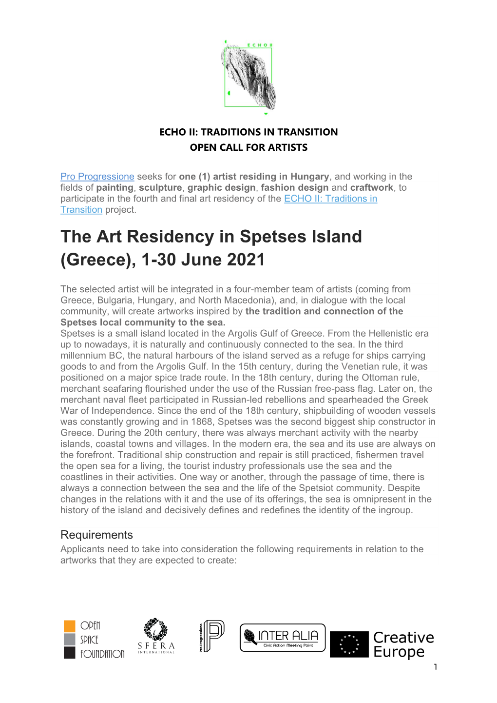 The Art Residency in Spetses Island (Greece), 1-30 June 2021