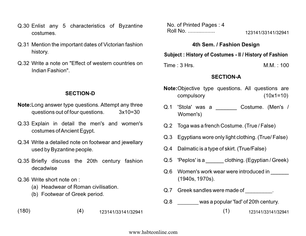 SECTION-A Q.1 'Stola' Was a ___Costume