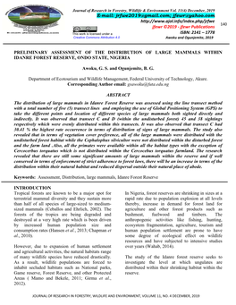 Preliminary Assessment of the Distribution of Large Mammals Within Idanre Forest Reserve, Ondo State, Nigeria