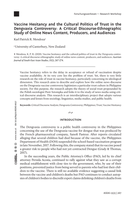 Vaccine Hesitancy and the Cultural Politics of Trust in the Dengvaxia