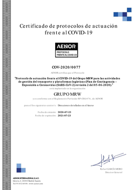 Certificado De Protocolos De Actuación Frente Al COVID-19