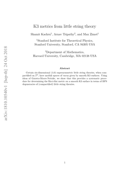 K3 Metrics from Little String Theory Arxiv:1810.10540V1 [Hep-Th]