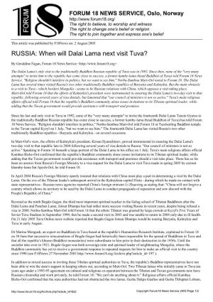 RUSSIA: When Will Dalai Lama Next Visit Tuva?