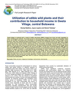 Utilization of Edible Wild Plants and Their Contribution to Household Income in Gweta Village, Central Botswana