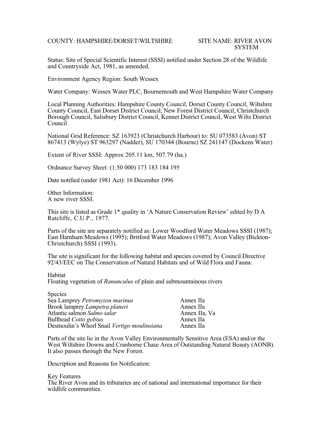 SSSI) Notified Under Section 28 of the Wildlife and Countryside Act, 1981, As Amended