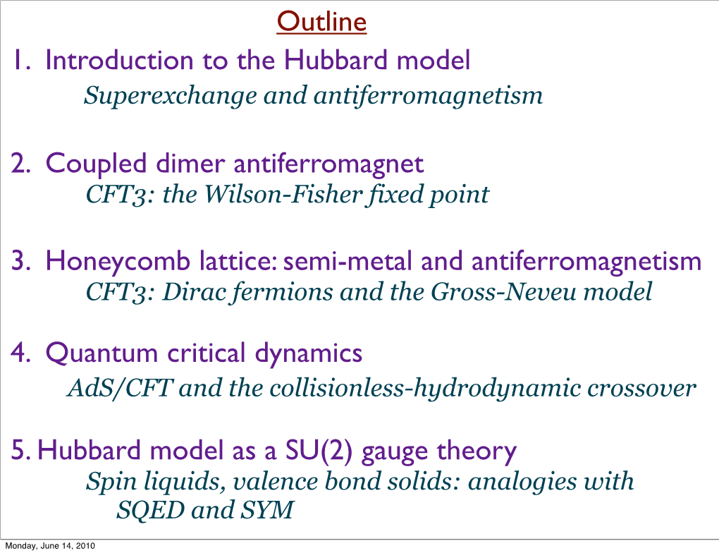 1. Introduction to the Hubbard Model 2. Coupled Dimer Antiferromagnet 3