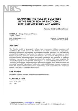 Examining the Role of Boldness in the Prediction of Emotional Intelligence in Men and Women