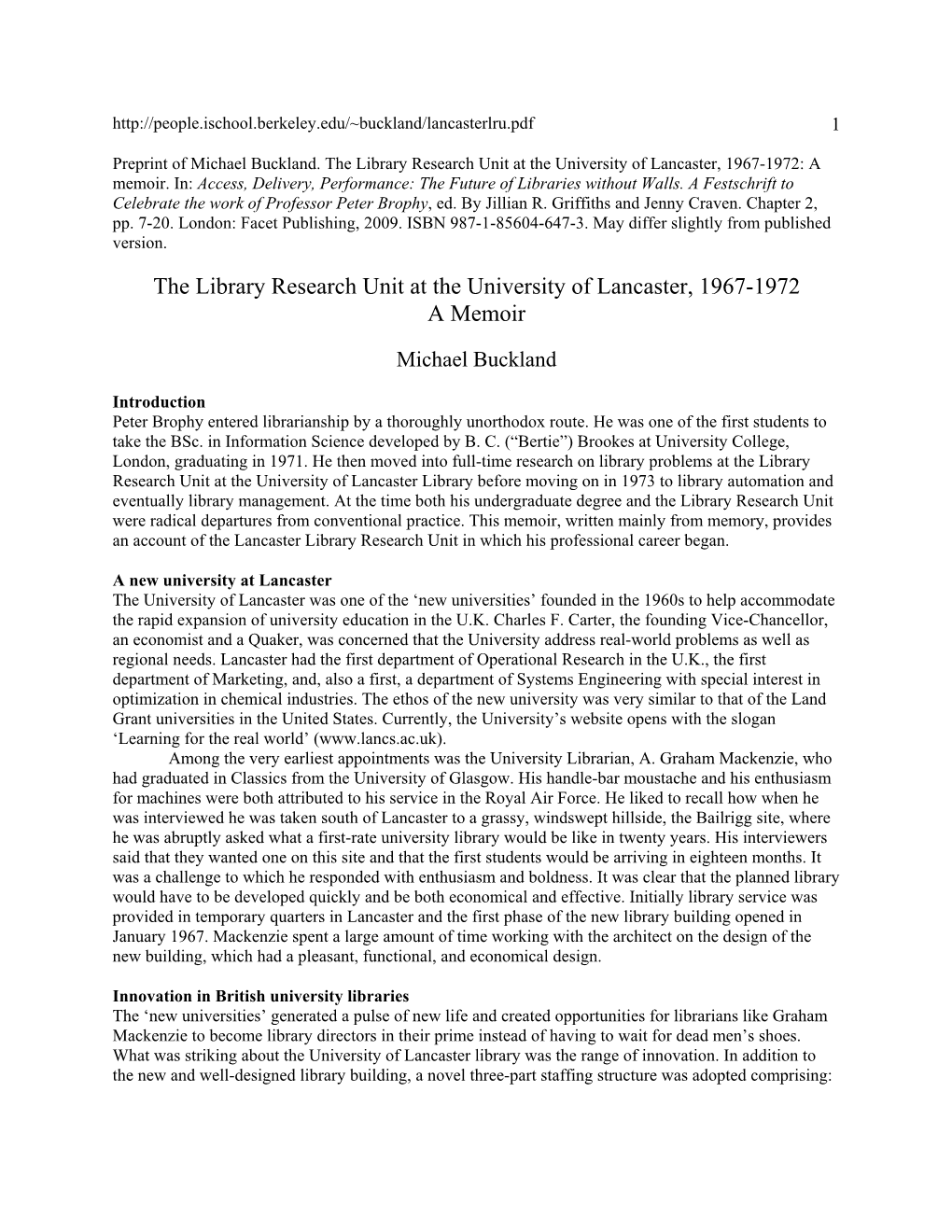 The Library Research Unit at the University of Lancaster, 1967-1972: a Memoir