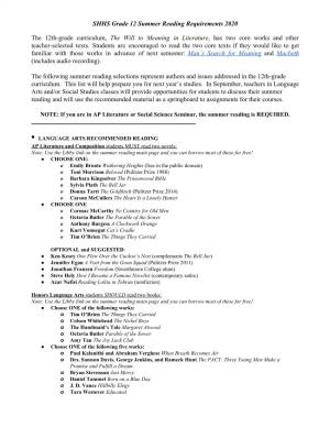 SHHS Grade 12 Summer Reading Requirements 2020 the 12Th-Grade