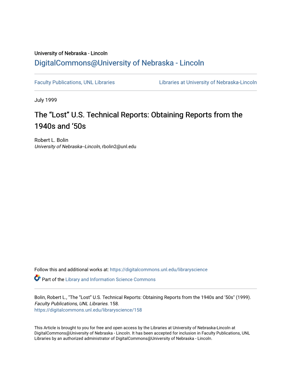 The “Lost” U.S. Technical Reports: Obtaining Reports from the 1940S and '50S