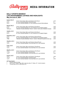 BALLY SPORTS MIDWEST LIVE PROGRAMMING LISTINGS and HIGHLIGHTS May 30-June 6, 2021
