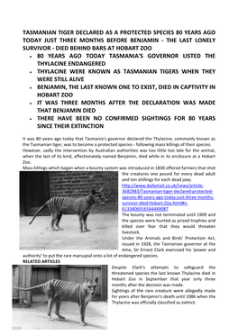 Tasmanian Tiger Declared As a Protected Species 80 Years Ago Today Just Three Months Before Benjamin